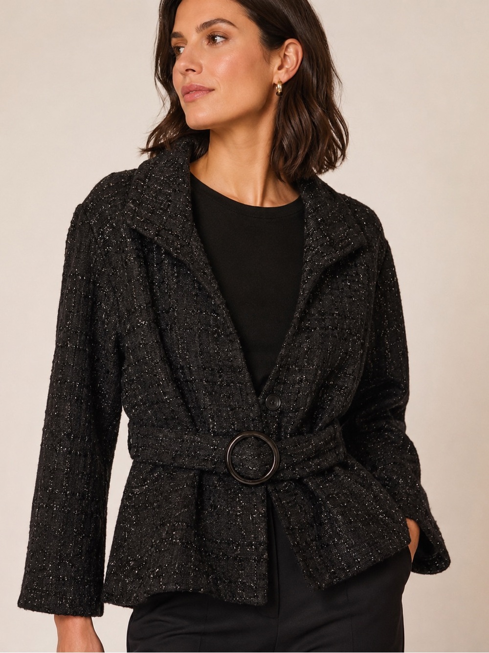 Unique Vintage Black Metallic Tweed Belted Blazer Jacket Boucle L/XL